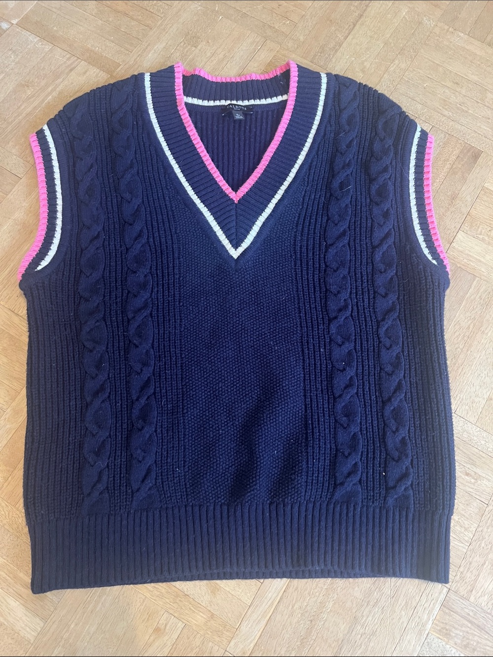 Talbots Navy Cable-Knit V-Neck Sweater Vest with Pink and White Trim